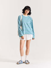 Sky Blue & Green Striped Loose Fit Cropped T-Shirt